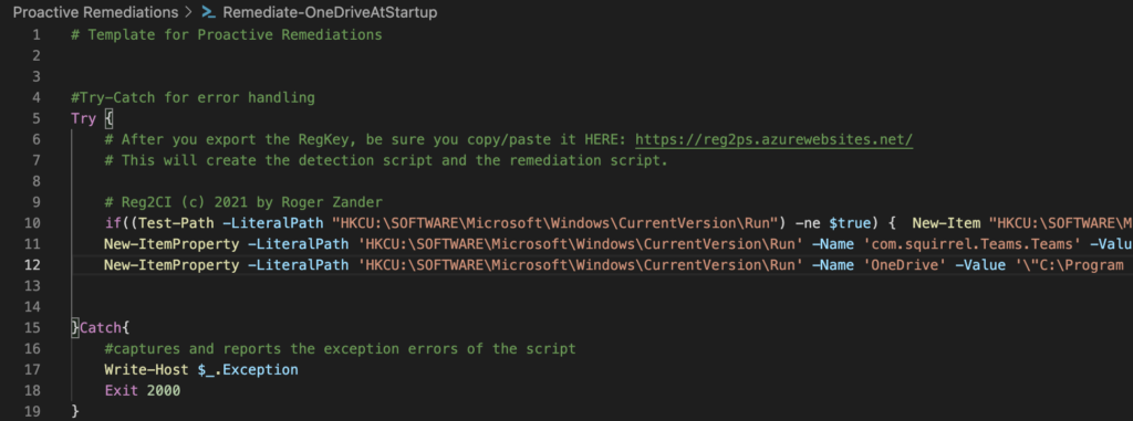 remediation script for registry key