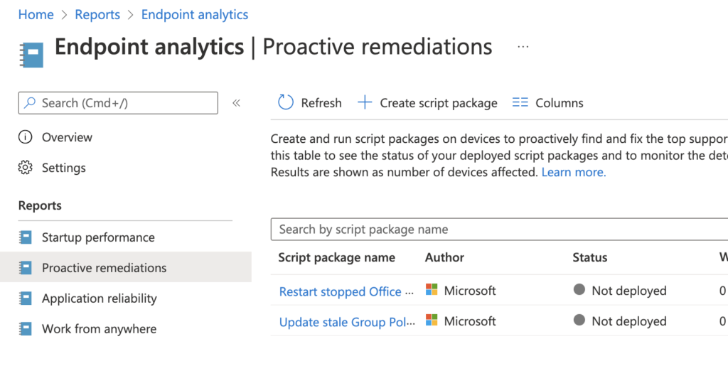 Proactive Remediations Page