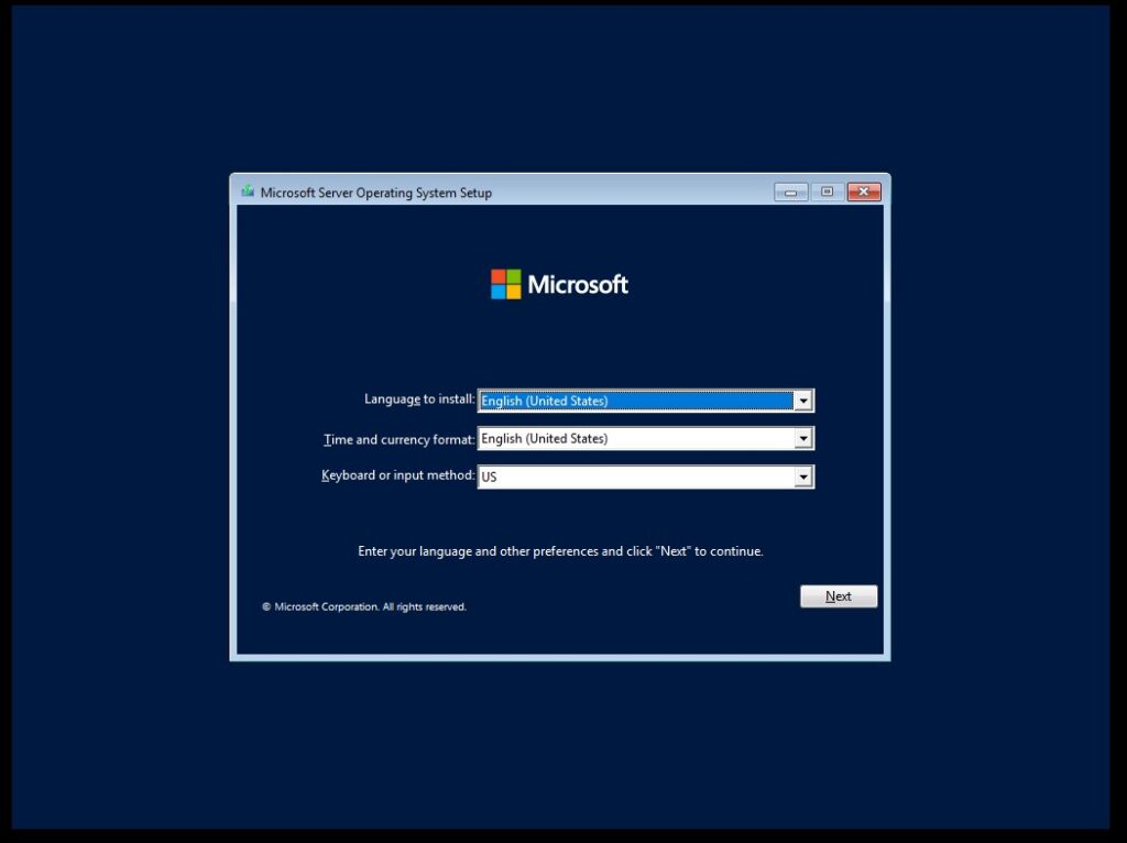 boot screen to install windows server 2022