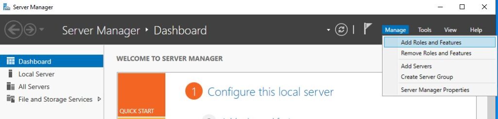 Server Manager Add roles and features button