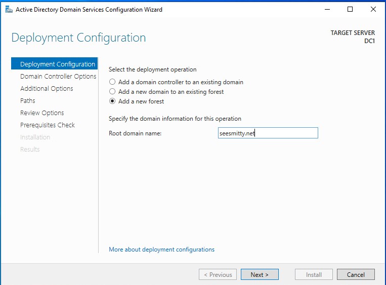 Deployment configuration screen