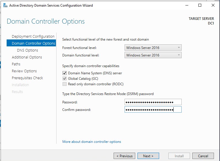 Domain Controller Options Screen