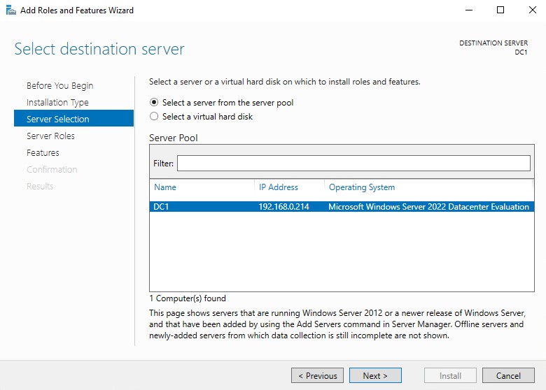 Select Destination Server dialog box