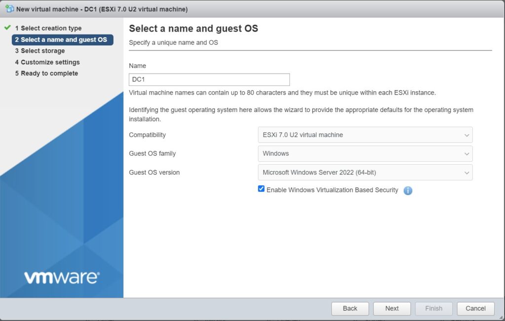 Select a Name and guest OS in VMware ESXi for Windows Server 2022