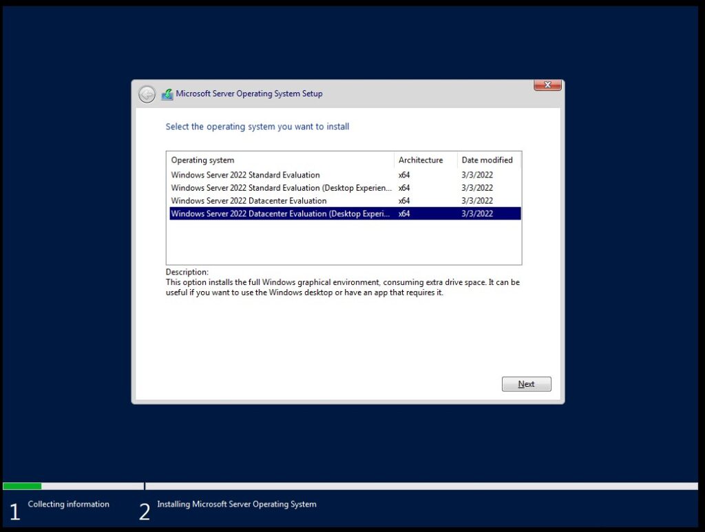 Choose your windows server license version when you install windows server 2022