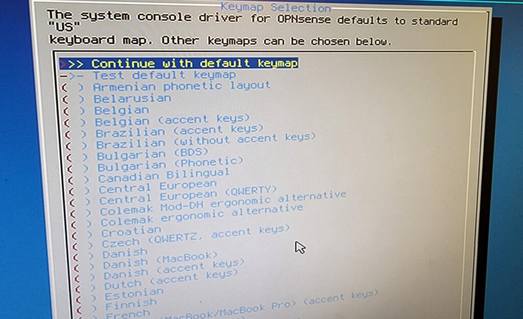 OPNsense firewall keymap selection for install