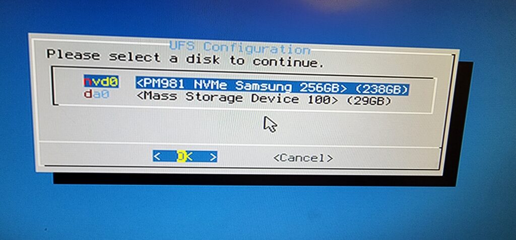 select an installation disk for opnsense firewall