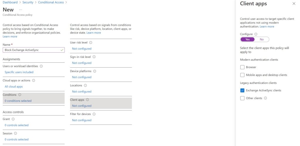 conditional access client apps section