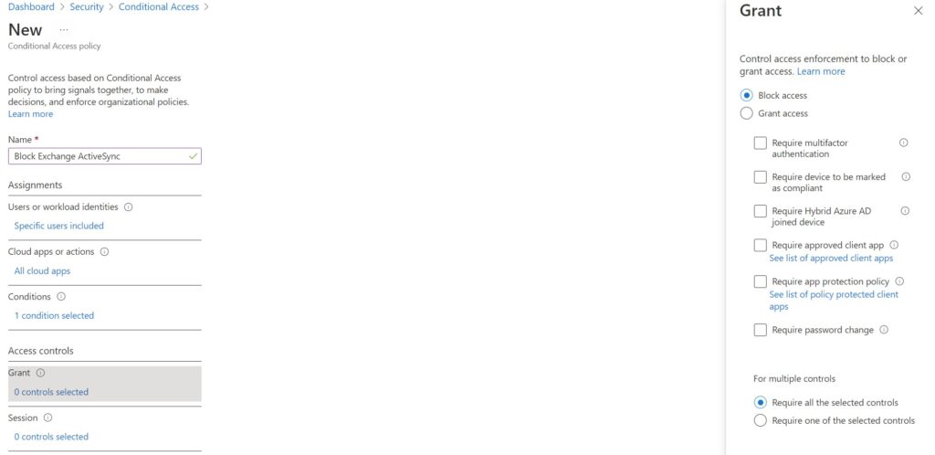 Conditional access grant access settings