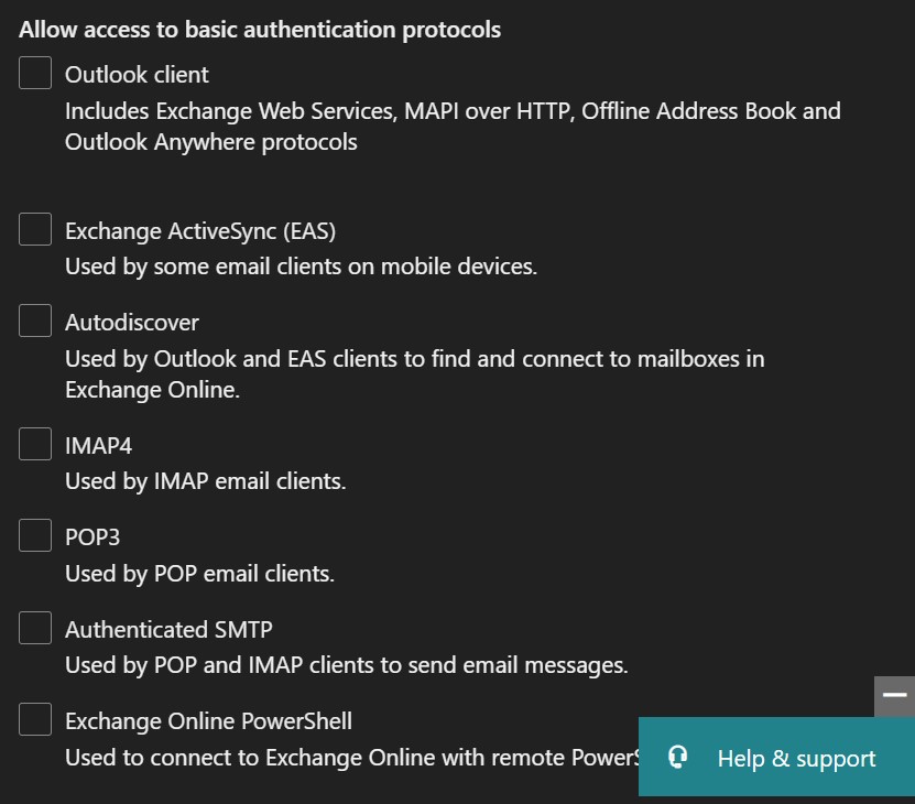 microsoft admin center menu for legacy authentication methods