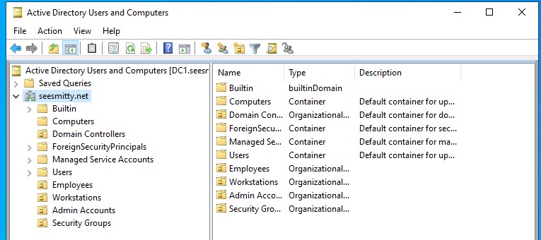 AD Users and Computers with Newly Created OUs