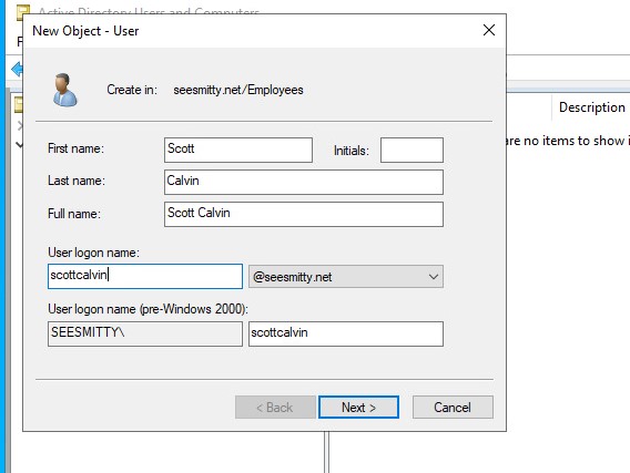 Creating our first new user account in AD