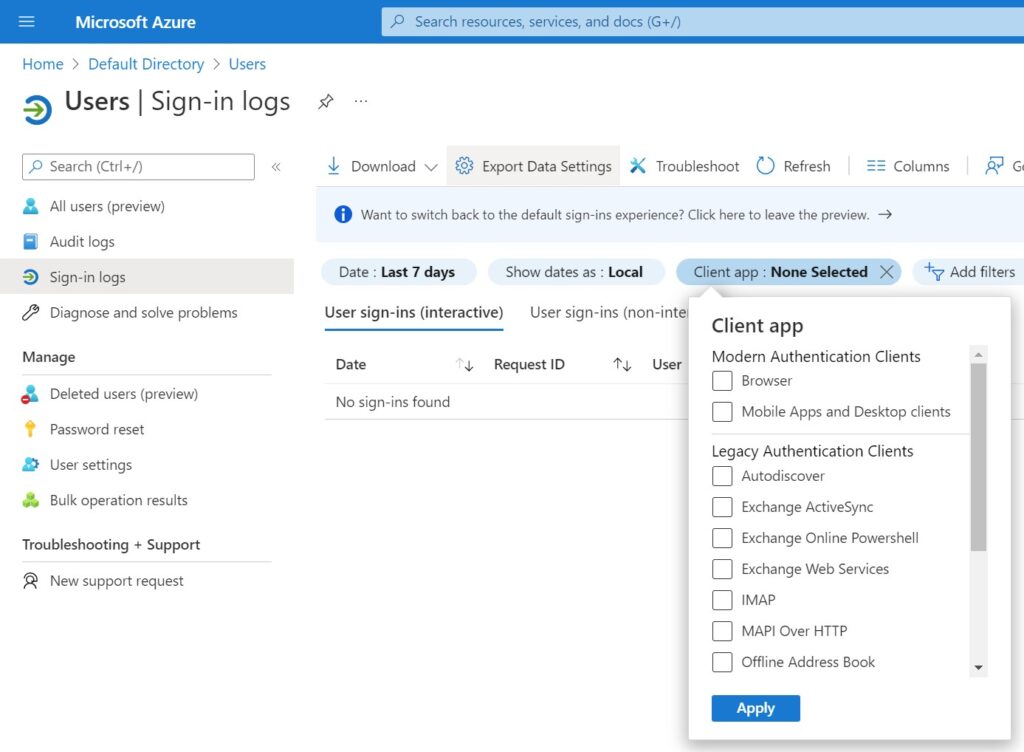 azure ad sign in logs for exchange activesync