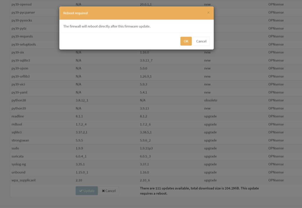 installing updates for opnsense firewall
