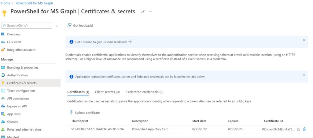 upload certificate for authentication for Microsoft Graph PowerShell