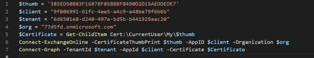 connection strings for Exchange powershell and ms graph