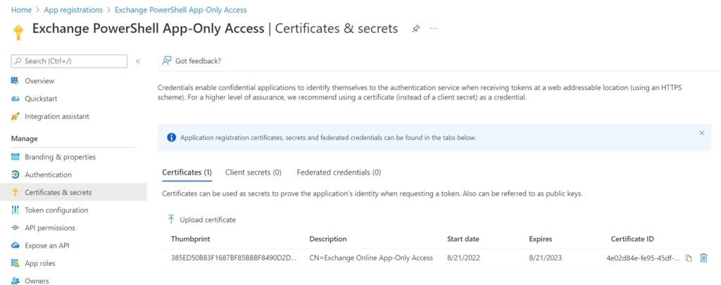 certificate uploaded to the application for authentication