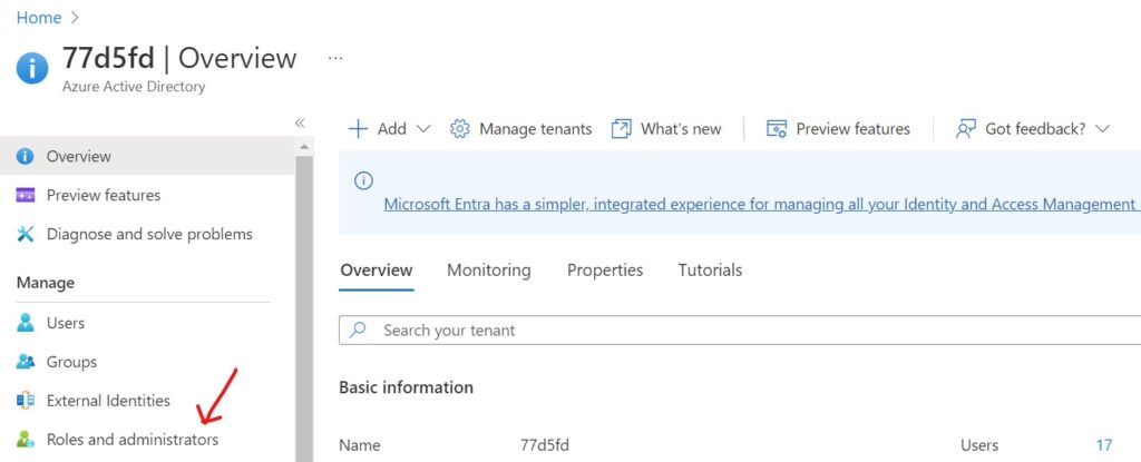 Roles and administrator tab in Azure Active Directory