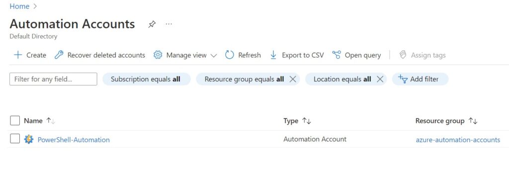 create a new azure automation account