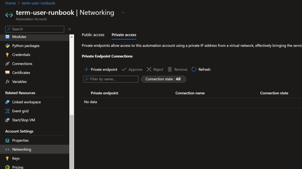 private endpoint for automation account step 1
