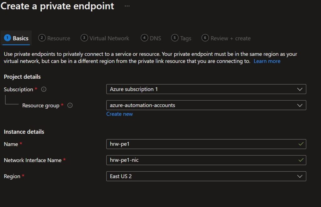 private endpoint for automation account step 2