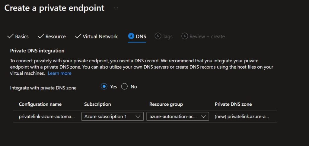private endpoint for automation account stepv5