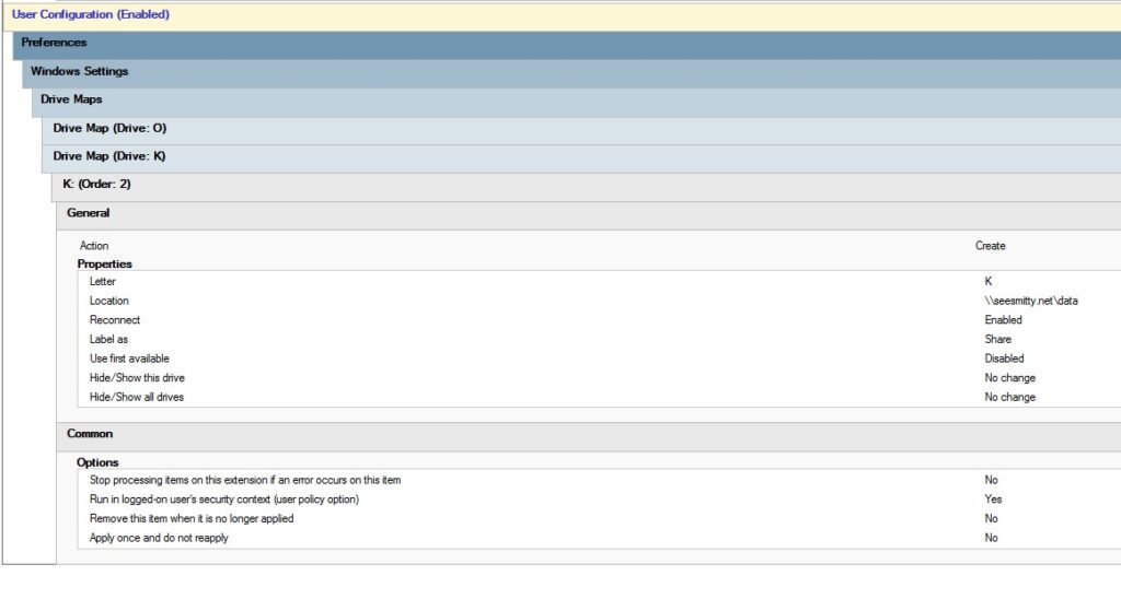 successfully added the drive mapping to the group policy object