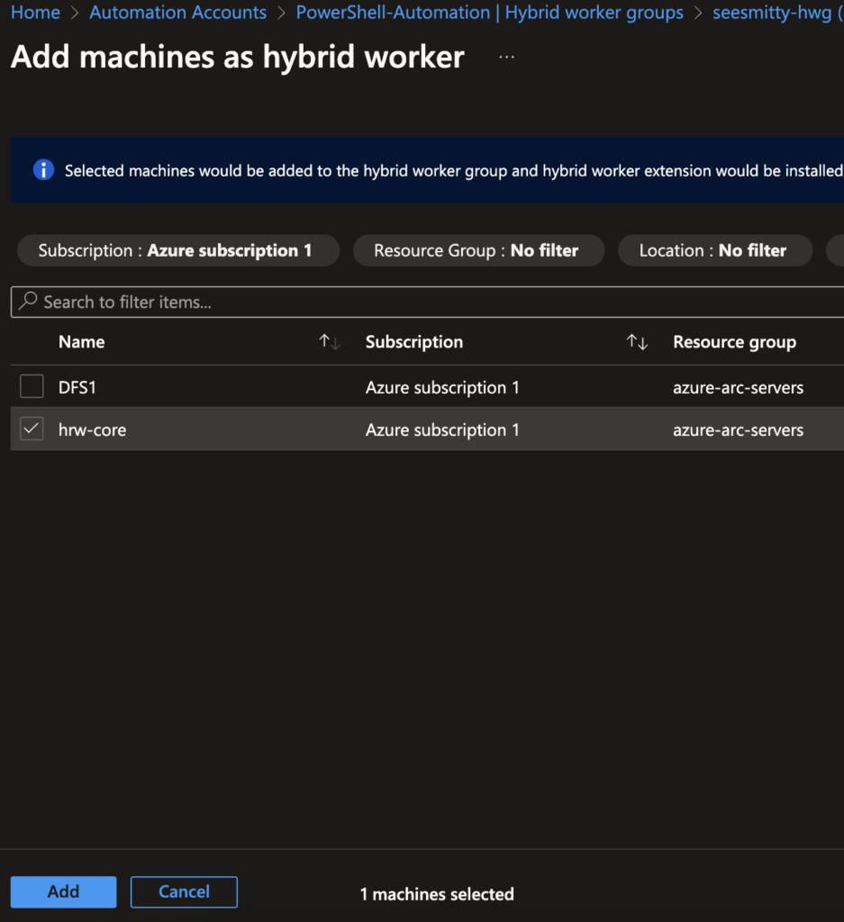 selecting a server to deploy the hybrid worker extension