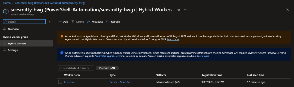 our new server is connected with the hybrid worker extension